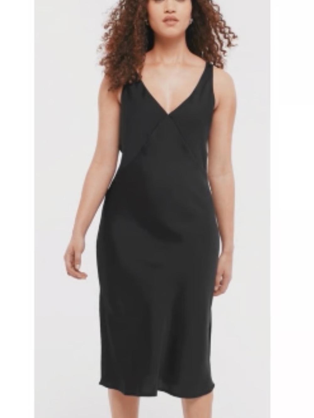A New Day Black Silky Satin V Neck Small Sexy Date Night Slip Dress midi dress